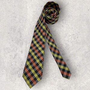 BEN SHERMAN Black/Orange/Yellow Tartan Silk LUXURY Slim Tie HANDMADE